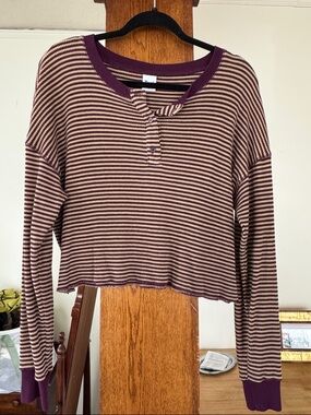 TNA Striped Henley Long-Sleeve Top in Burgundy and Cream Drop Shoulder